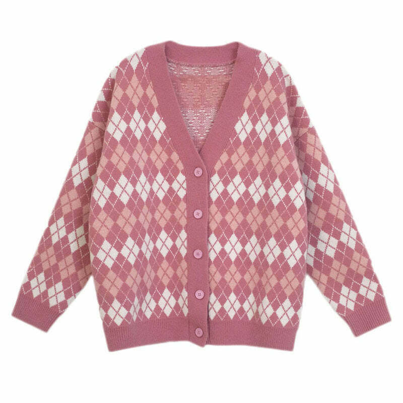 Trendy Pink Argyle Knit Cardigan for Y2K Fashion, Grunge Style, and Baddie Outfits