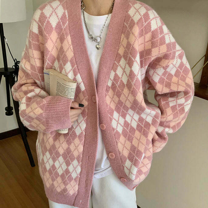 Trendy Pink Argyle Knit Cardigan for Y2K Fashion, Grunge Style, and Baddie Outfits