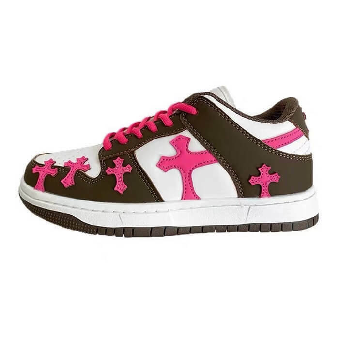 Trendy Pink & Brown Cross Sneakers for Y2K Style Outfits - Perfect for Grunge and Emo Looks