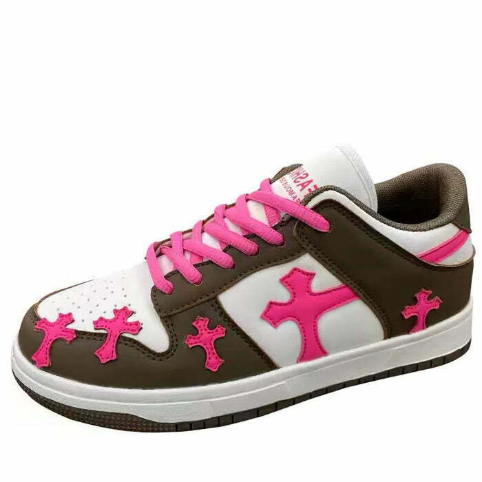 Trendy Pink & Brown Cross Sneakers for Y2K Style Outfits - Perfect for Grunge and Emo Looks