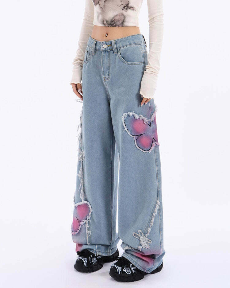 Trendy Pink Butterfly Wide Leg Jeans for Y2K Street Style and Retro Aesthetic Outfits