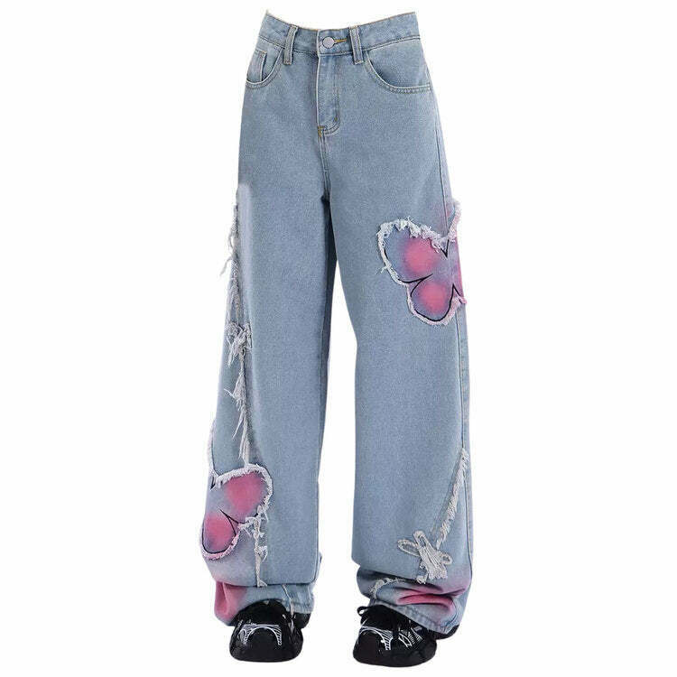 Trendy Pink Butterfly Wide Leg Jeans for Y2K Street Style and Retro Aesthetic Outfits