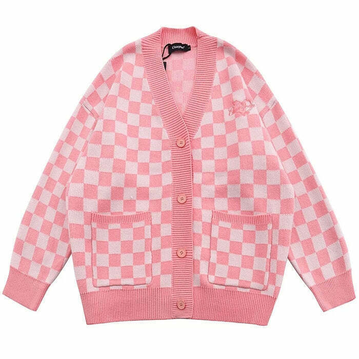 Trendy Pink Checkered Cardigan for Y2K Fashion Lovers - Stylish Layering Piece