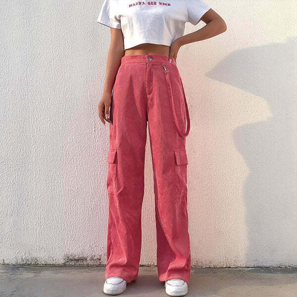 Trendy Pink Cord Cargo Pants for Y2K Fashion Lovers - Perfect for Grunge and Club Outfits