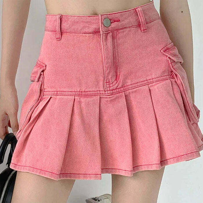 Trendy Pink Denim Cargo Mini Skirt for Y2K Fashion - Perfect for Emo and Grunge Styles