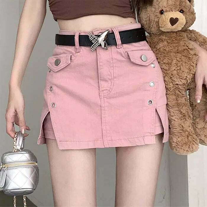 Trendy Pink Denim Skort with Butterfly Belt - Y2K Style for TikTok & Club Fashion