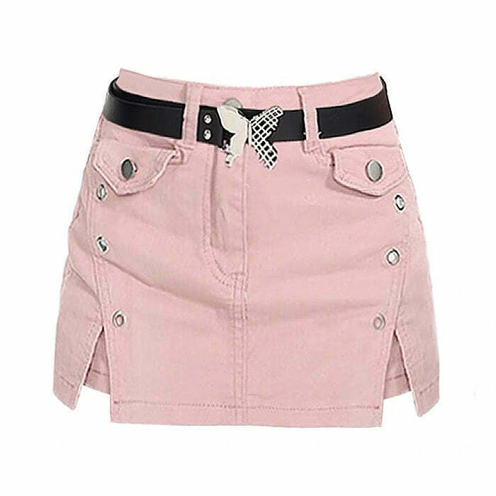 Trendy Pink Denim Skort with Butterfly Belt - Y2K Style for TikTok & Club Fashion