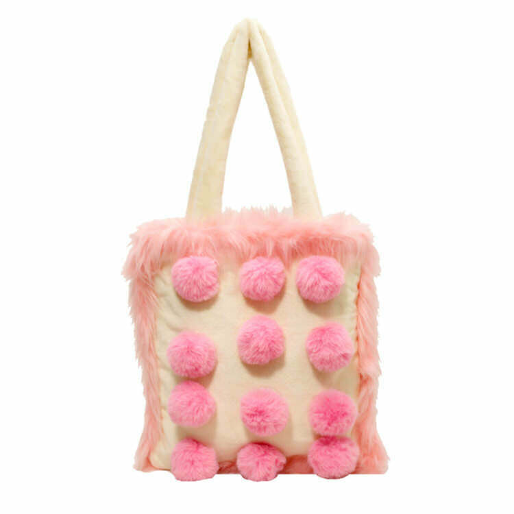 Trendy Pink Fluffy Pom Poms Bag - Perfect for Y2K Style Outfits and Winter Fashion