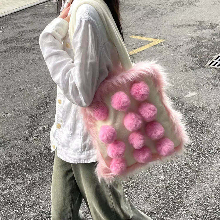 Trendy Pink Fluffy Pom Poms Bag - Perfect for Y2K Style Outfits and Winter Fashion