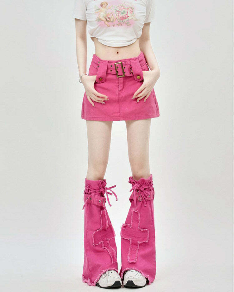 Trendy Pink Y2K Mini Skirt & Leg Warmers Set for Stylish Y2K Fashion Lovers