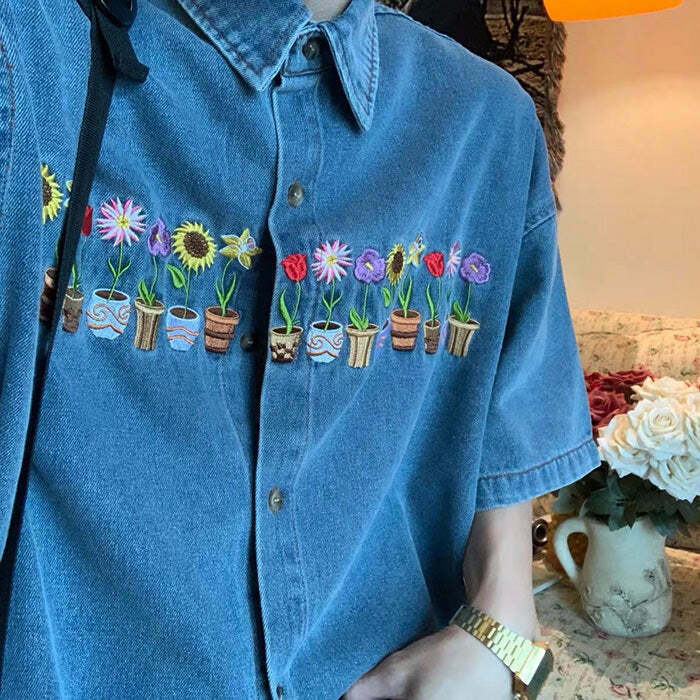 Trendy Plants & Pots Embroidery Denim Shirt for Y2K Fashion Lovers and Grunge Style