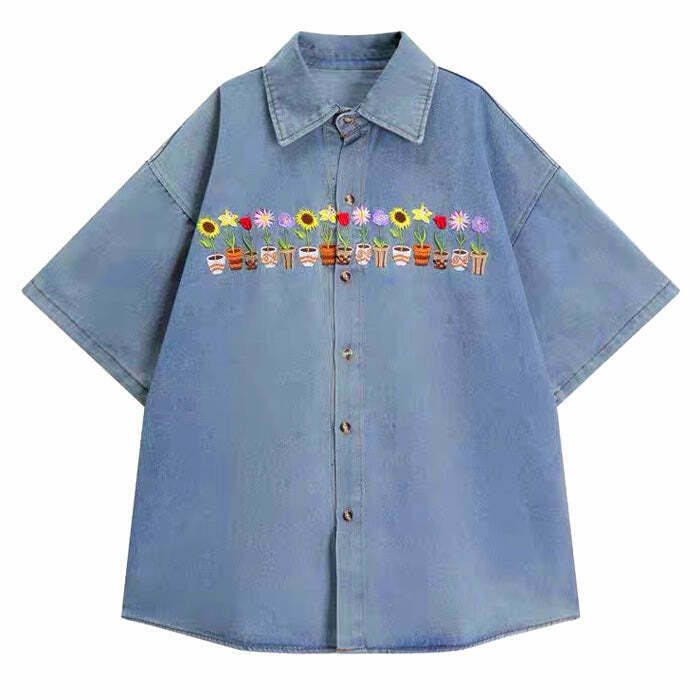 Trendy Plants & Pots Embroidery Denim Shirt for Y2K Fashion Lovers and Grunge Style