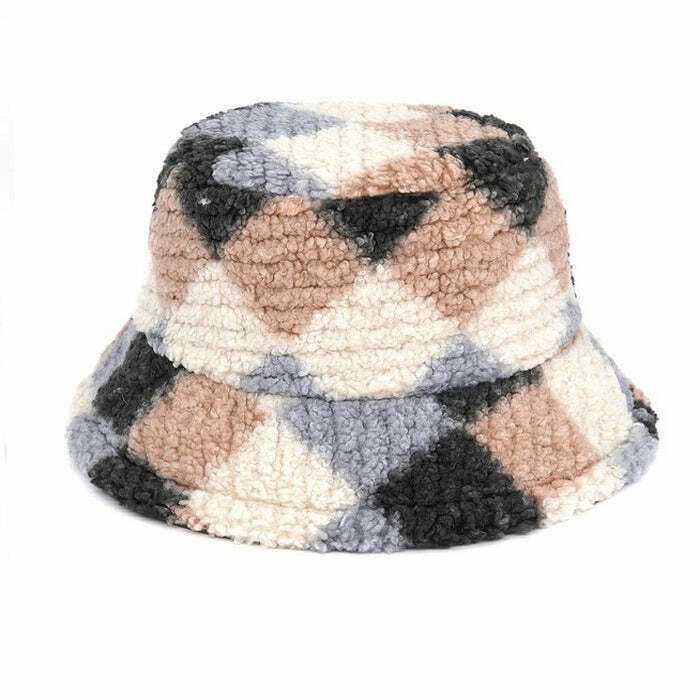 Trendy Preppy Argyle Fuzzy Bucket Hat for Y2K Fashion and Stylish Outfits