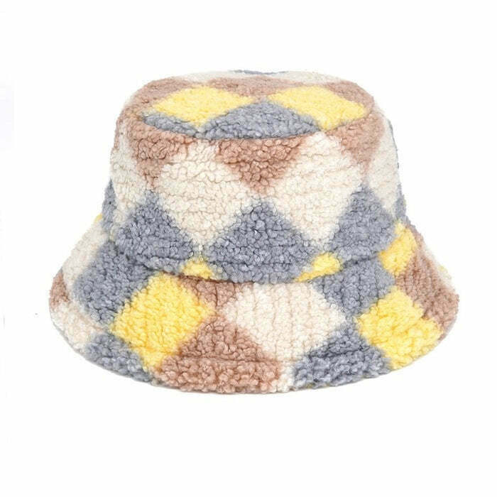 Trendy Preppy Argyle Fuzzy Bucket Hat for Y2K Fashion and Stylish Outfits