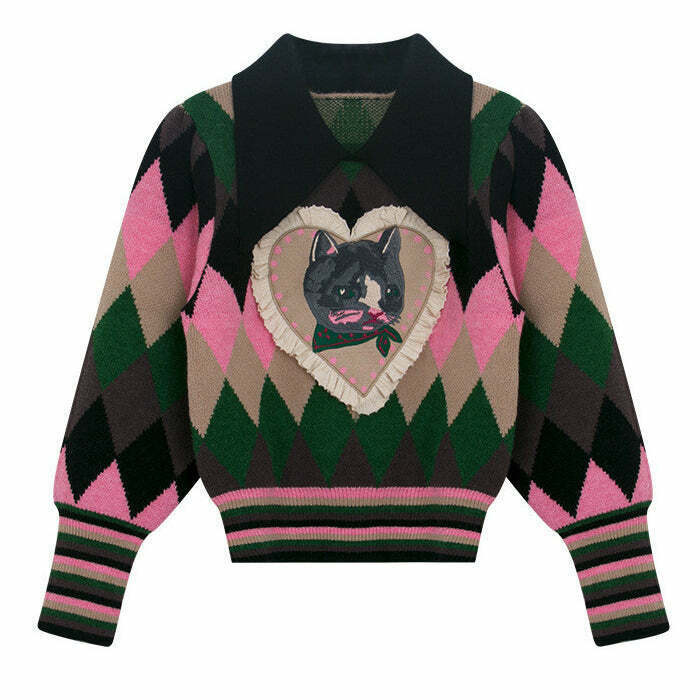 Trendy Preppy Cat Argyle Collar Jumper - Y2K Style Fashion for Stylish Cats