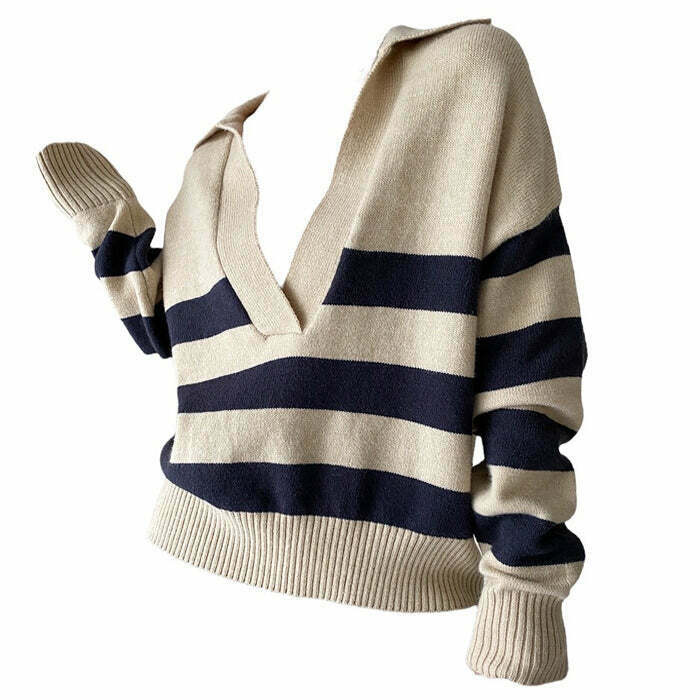 Trendy Preppy Collar Striped Pullover for Y2K Grunge Look and Stylish Outfits