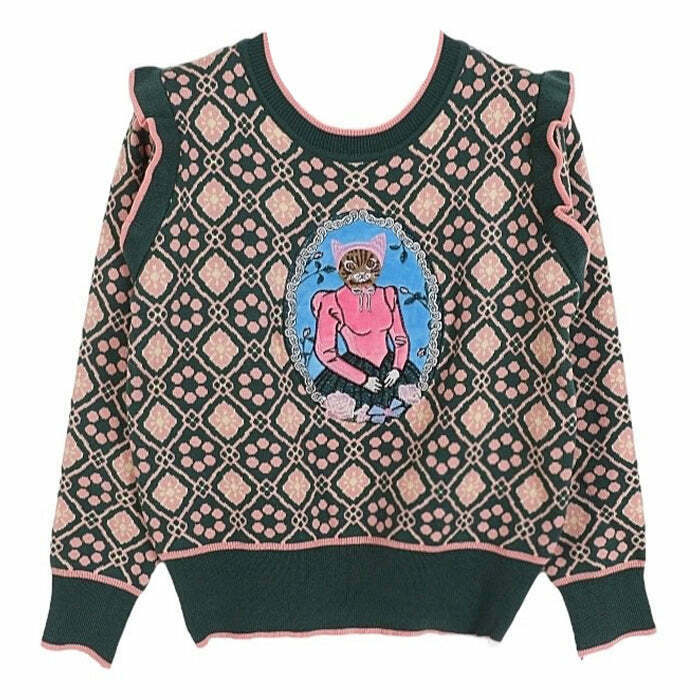 Trendy Princess Cat Knit Pullover for Y2K Fashion Lovers - Perfect for Grunge and Emo Outfits