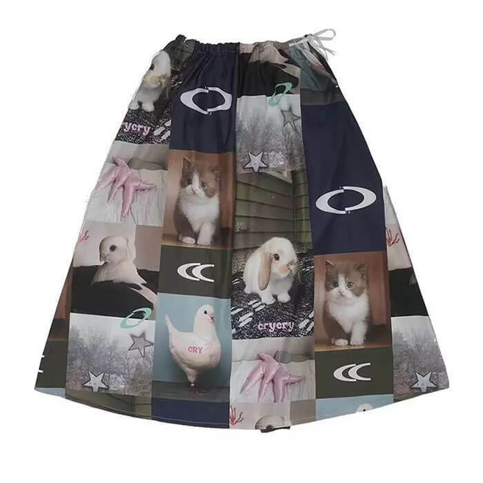 Trendy Rabbit & Cat Print Aesthetic Midi Skirt for Y2K Fashion Lovers