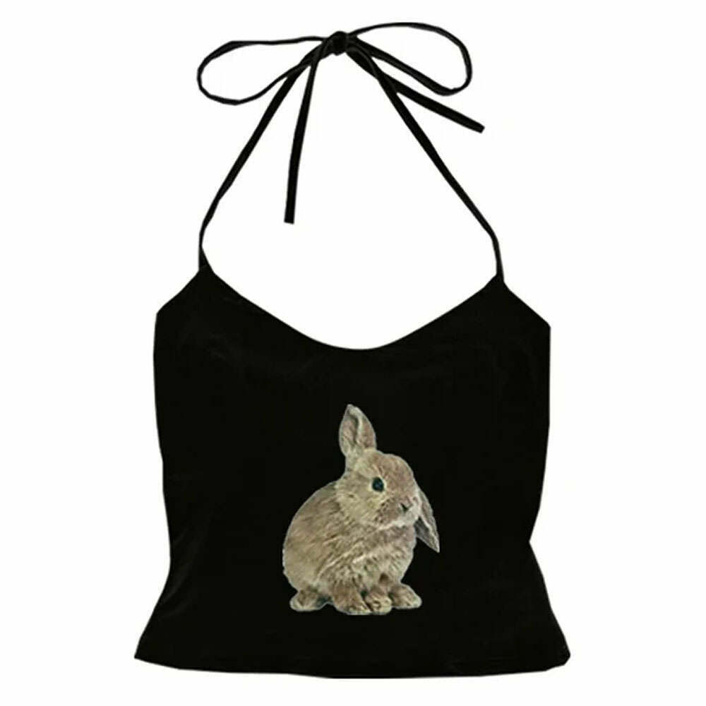 Trendy Rabbit Print Y2K Halter Top for Stylish Grunge and Summer Outfits