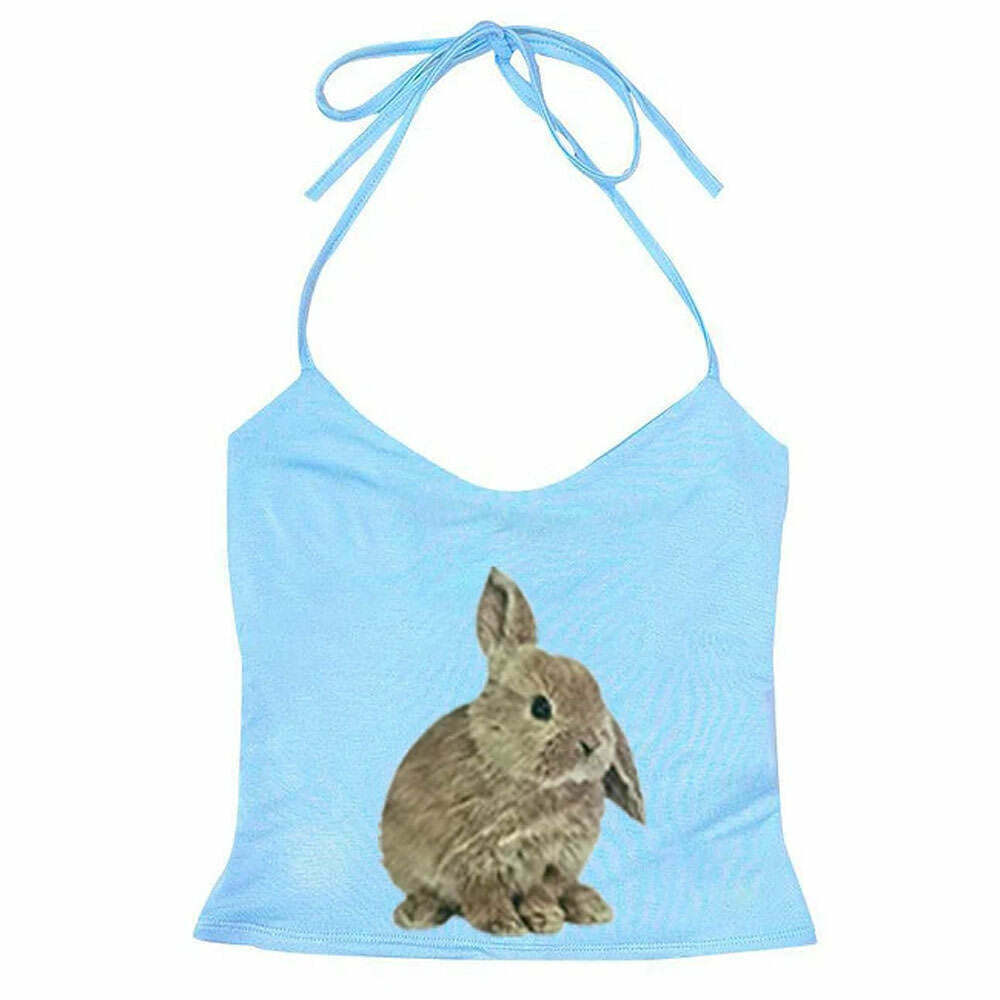 Trendy Rabbit Print Y2K Halter Top for Stylish Grunge and Summer Outfits