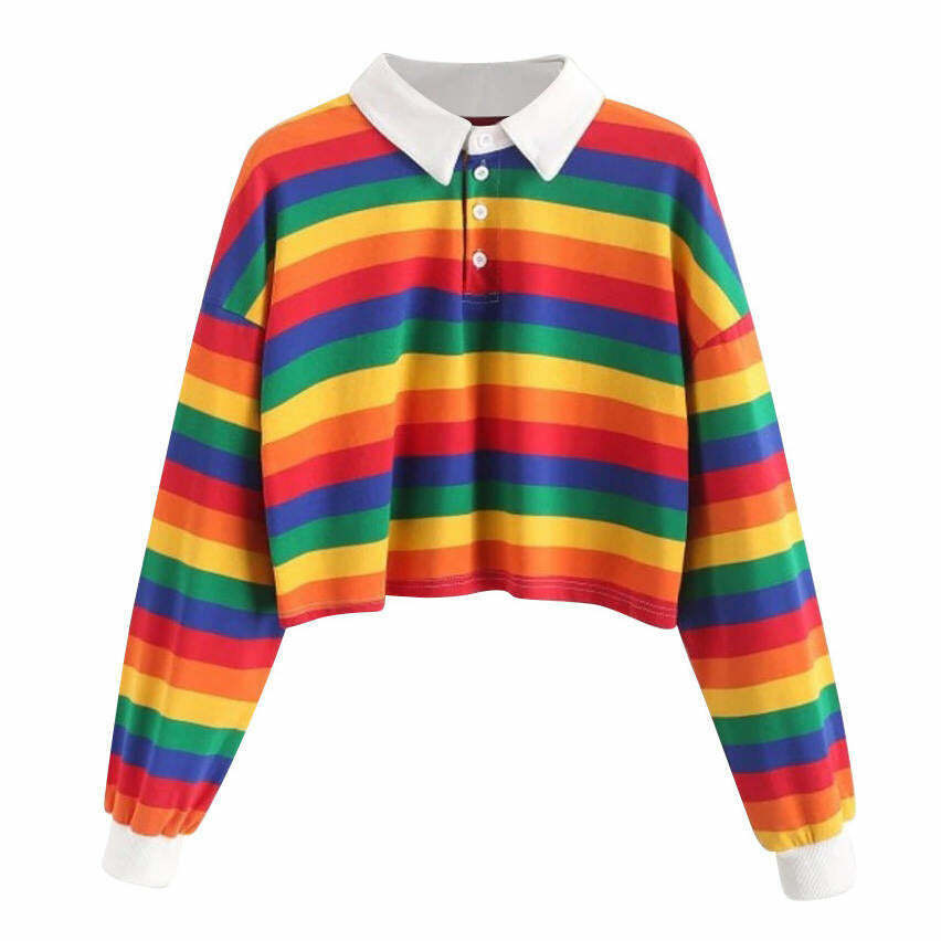 Trendy Rainbow Collared Top for Y2K Style Outfits - Retro Fashion Must-Have