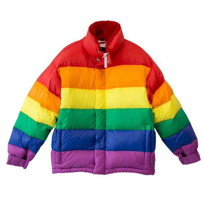 Trendy Rainbow Puffer Jacket for Men - Y2K Grunge Style Outerwear for Fashion Enthusiasts