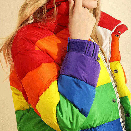 Trendy Rainbow Puffer Jacket for Men - Y2K Grunge Style Outerwear for Fashion Enthusiasts