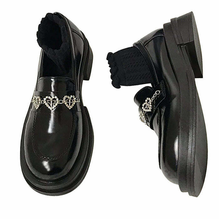 Trendy Rhinestone Heart Loafers for Y2K Fashion Lovers - Stylish 90's Inspired Footwear