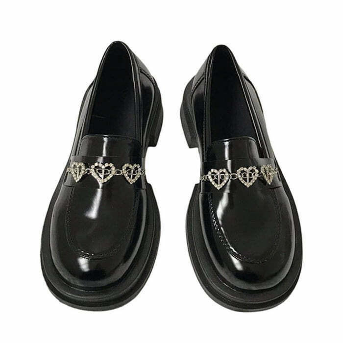 Trendy Rhinestone Heart Loafers for Y2K Fashion Lovers - Stylish 90's Inspired Footwear