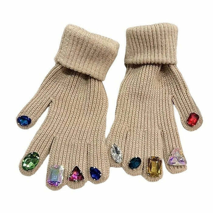 Trendy Rhinestone Knit Gloves for Y2K Fashion Lovers - Perfect for Winter Outfits & More