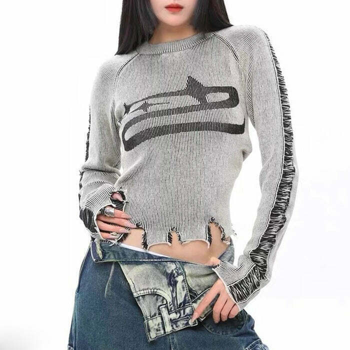 Trendy Ripped Long Sleeve Star Top - Embrace Y2K Fashion with Gothic Style for Women