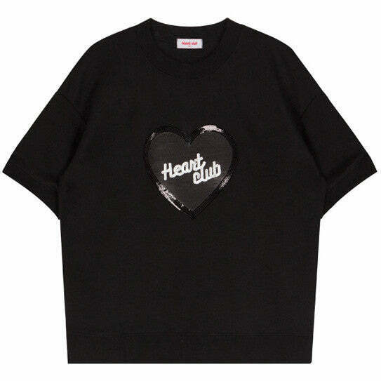 Trendy Sequin Heart Club T-Shirt for Y2K Style Lovers - Perfect for K-Pop Fashion Fans