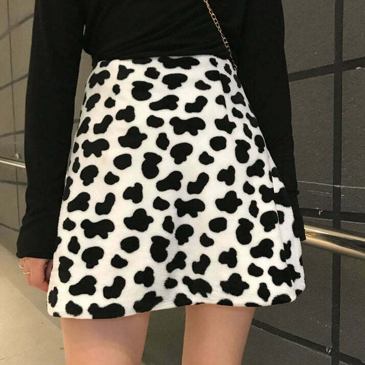 Trendy Shaggy Cow Skirt - Y2K Western Style Fashion for Unique TikTok Looks