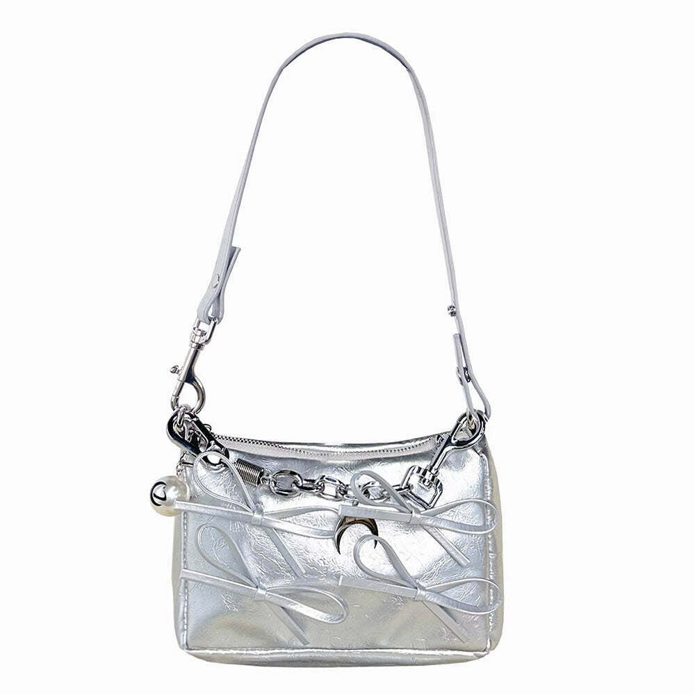 Trendy Silver Bows Shoulder Bag for Y2K Fashion Lovers - Perfect for Grunge & Harajuku Styles