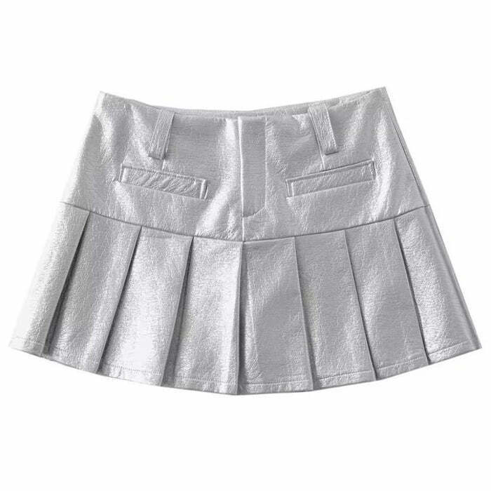 Trendy Silver Pleated Mini Skirt for Y2K Style, Soft Grunge & Funky Fashion Lovers