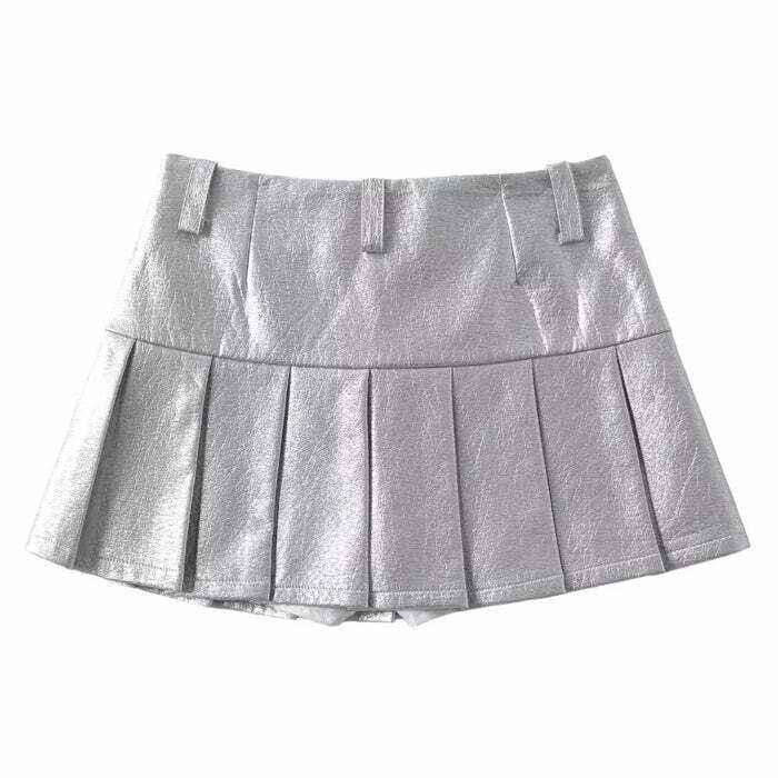 Trendy Silver Pleated Mini Skirt for Y2K Style, Soft Grunge & Funky Fashion Lovers