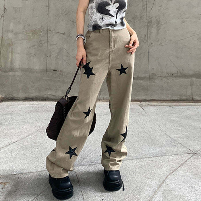 Trendy Skater Girl Star Jeans - Vintage Y2K Baggy Style for Retro Grunge Outfits