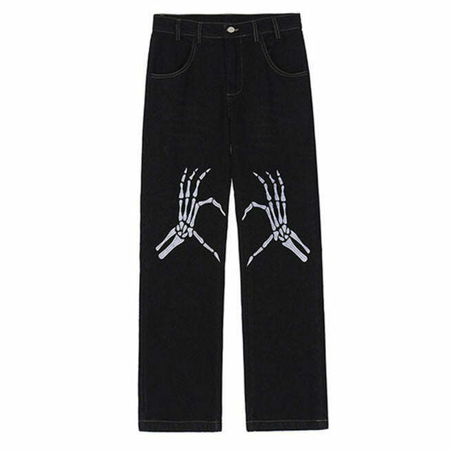 Trendy Skeleton Hands Embroidery Jeans for Y2K Fashion Lovers - Unique Summer Style