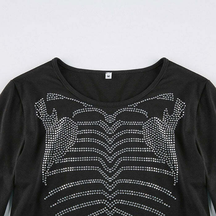 Trendy Skeleton Rhinestone Crop Top for Y2K Style - Perfect for Grunge and Modern Fashion