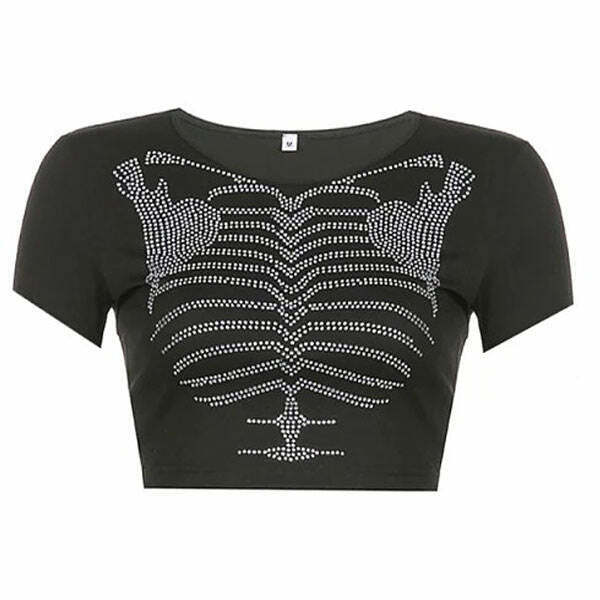 Trendy Skeleton Rhinestone Crop Top for Y2K Style - Perfect for Grunge and Modern Fashion