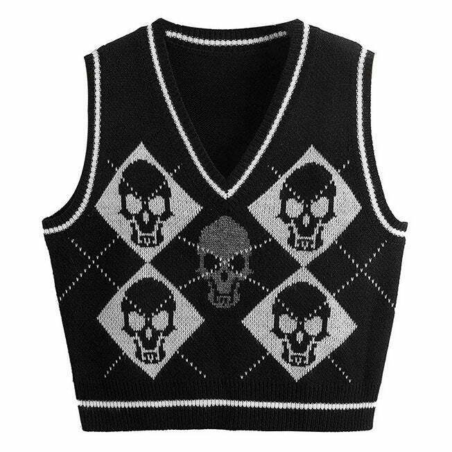 Trendy Skull Argyle Vest for Y2K Style: Perfect for Summer Fashion and Grunge Outfits