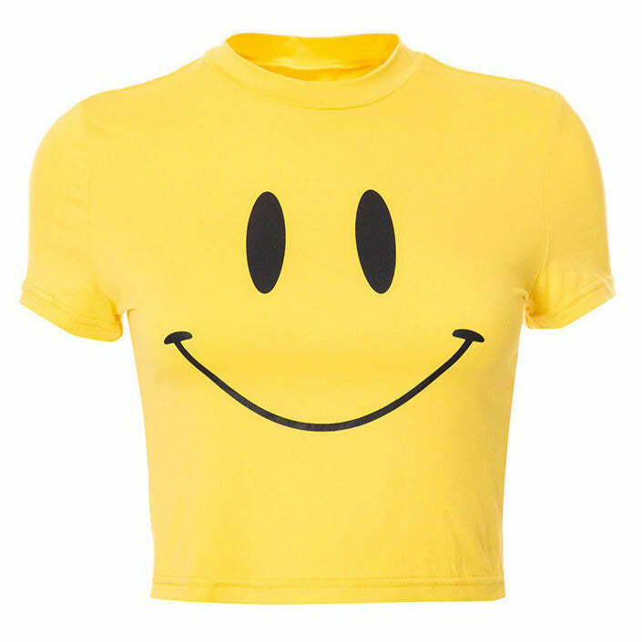 Trendy Smiley Face Crop Top for Y2K Fashion: Grunge Style & Disco Vibes