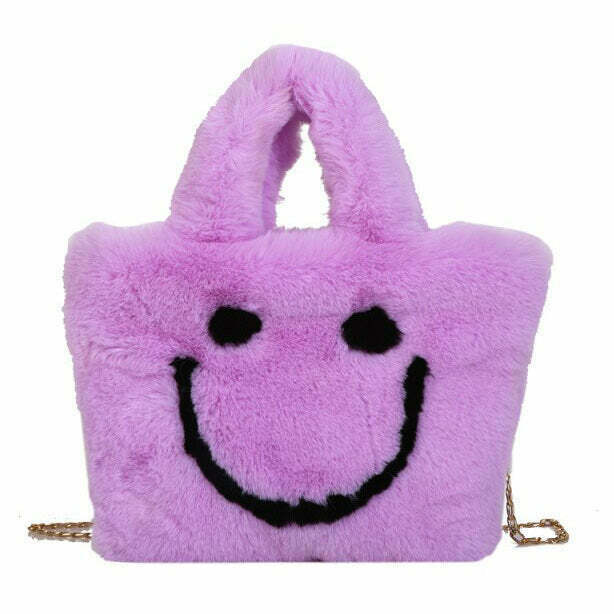 Trendy Smiley Face Fuzzy Handbag for Y2K Fashion Lovers - Perfect for Grunge & Cyber Styles