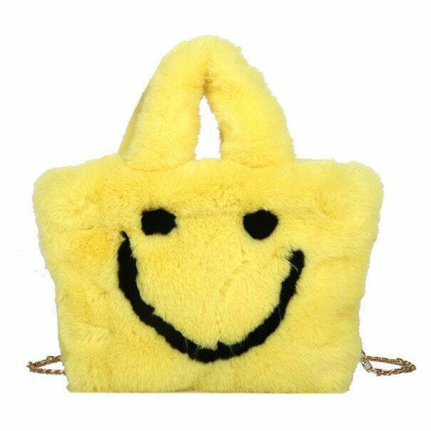 Trendy Smiley Face Fuzzy Handbag for Y2K Fashion Lovers - Perfect for Grunge & Cyber Styles