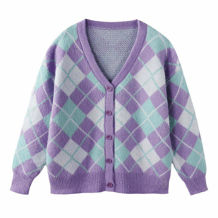 Trendy Soft Girl Argyle Cardigan for Y2K Fashion, Perfect for 90s Outfits & Grunge Style