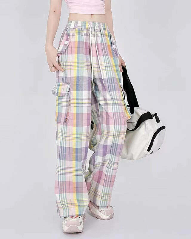 Trendy Soft Girl Plaid Cargo Pants for Y2K Fashion Lovers - Red Plaid Grunge Style