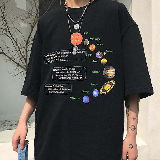 Trendy Solar System Oversized Tee - Cute Y2K Fashion for Grunge and Denim Lovers