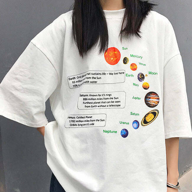 Trendy Solar System Oversized Tee - Cute Y2K Fashion for Grunge and Denim Lovers