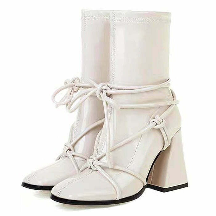 Trendy Square Heel Lace-Up Ankle Boots for Y2K Fashion Lovers - Cute & Stylish Footwear