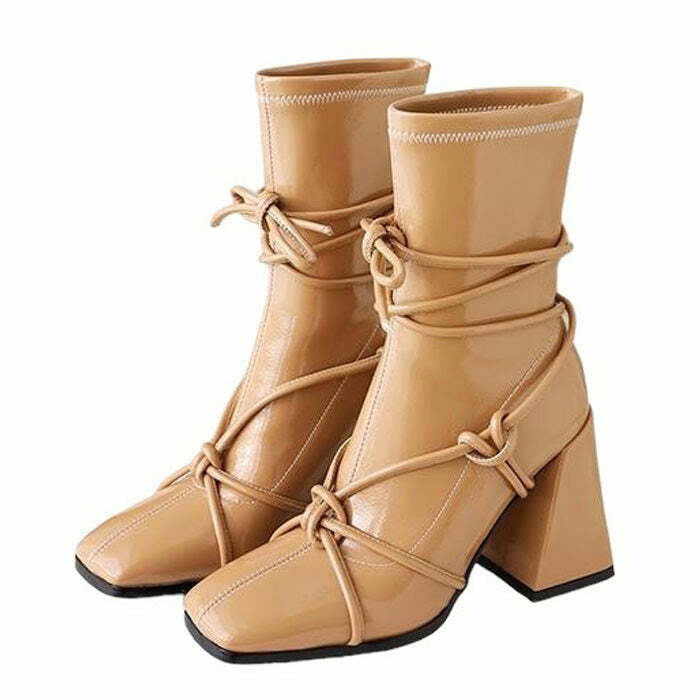 Trendy Square Heel Lace-Up Ankle Boots for Y2K Fashion Lovers - Cute & Stylish Footwear